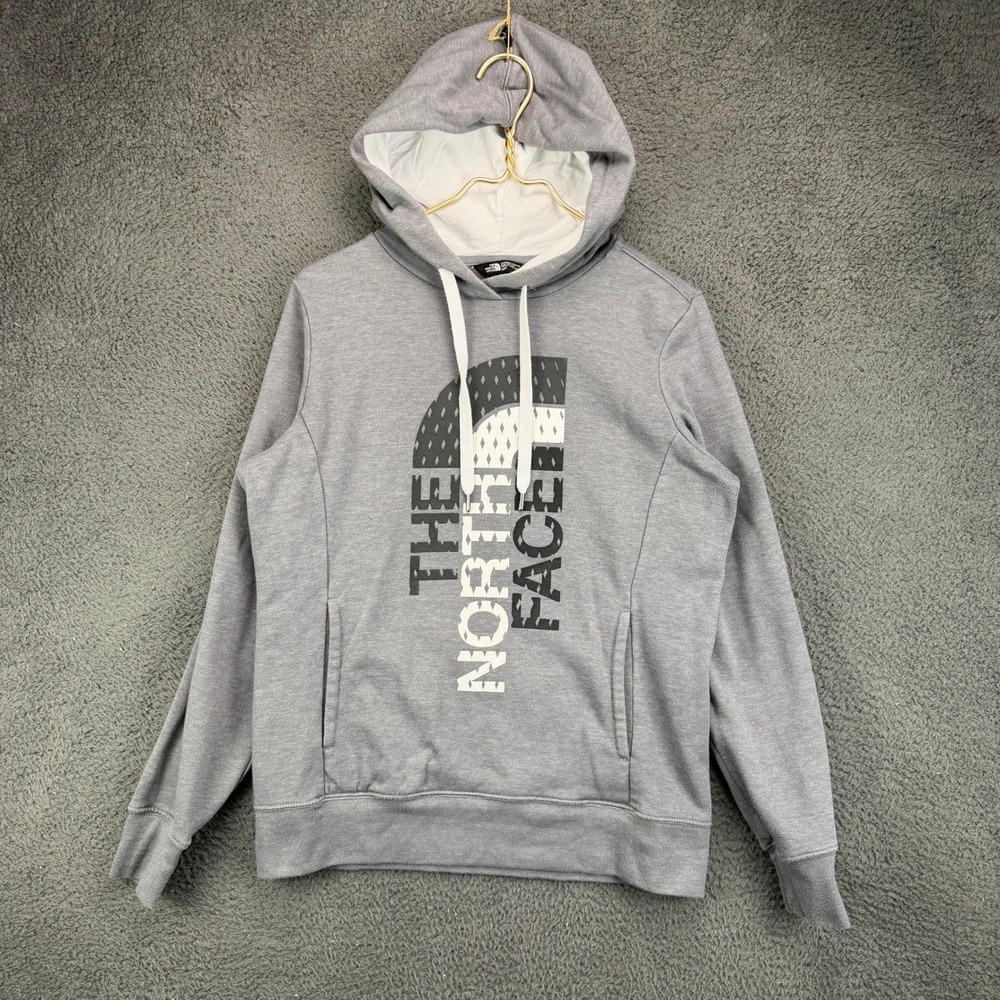 The North Face Womens Gray Graphic Logo Pullover Hoodie Sweatshirt Size Medium